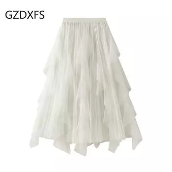 Новая сетчатая юбка с высокой талией и воланами, женская длинная плиссированная юбка onesize белый