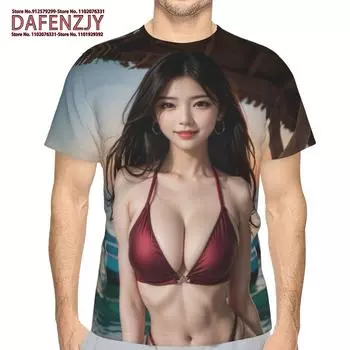 Новая сексуальная модель бикини с 3D-принтом футболка для мужчин, летняя повседневная мужская футболка, уличные трендовые топы, свободные футболки с коротким рукавом S красный