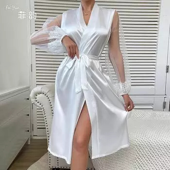 Новая сексуальная ночная рубашка халат атласная пижама женская белая платье халат S белый