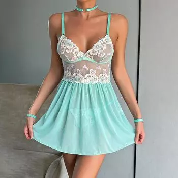 Новая сексуальная ночная рубашка с вышитой сеткой в стиле пэчворк, комплекты сексуального нижнего белья с крышкой на шею S мятный зеленый