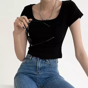 Новая сексуальная однотонная футболка с квадратным вырезом, женская летняя футболка с коротким рукавом, модные топы на бретелях, повседневная женская укороченная футболка без рукавов S серый