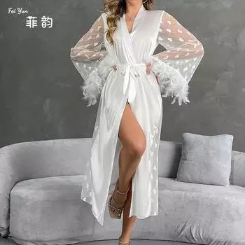 Новая сексуальная пижама с длинным рукавом и перьями, сексуальная перспективная сетка S чёрный