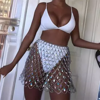 Новая сексуальная полая блестящая юбка для ночного клуба с разноцветными кристаллами и подвесками One Size