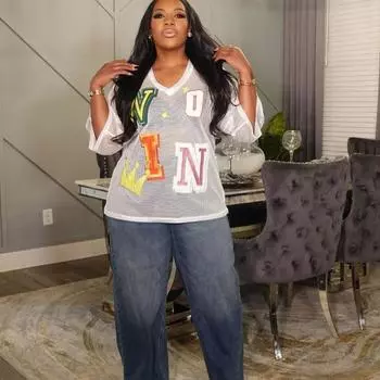 Новая сексуальная сетчатая прозрачная футболка с V-образным вырезом и принтом с надписями, свободные рукава S чёрный