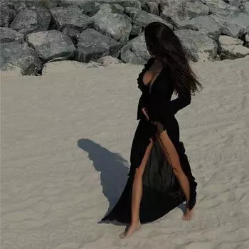 Новая сексуальная туника с V-образным вырезом и длинным рукавом из шифона, пляжная накидка, пляжное платье, пляжная одежда, женская пляжная одежда L чёрный