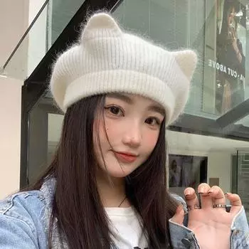 Новая шапка-бини с кошачьими ушками, однотонная теплая шапка-берет, вязаная крючком