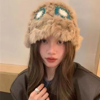 Новая шапка из кроличьей шерсти для женщин на осень и зиму, милая и теплая плюшевая шляпа рыбака, универсальная шляпа-горшок ручной работы «Семь цветов» 56-58cm