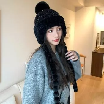 Новая шапка однотонная цветная засахаренная тыква косичка вязаная шерстяная шапка зимняя теплая утолщенная шапка с ушками Tide One Size