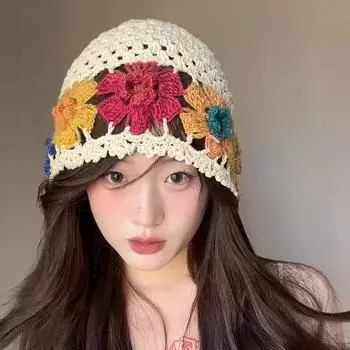 Новая шапка-пуловер с кисточками и крючком ручной работы, японская ажурная дышащая вязаная шапка-повязка на голову, цветная цветочная шапка 56-58cm покинуть белый