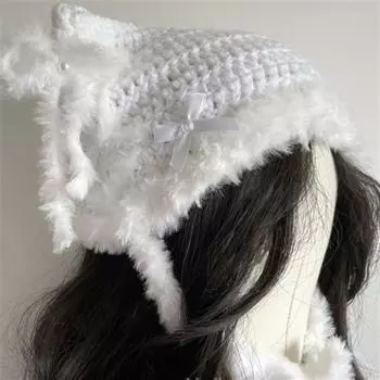 Новая шапка ручной вязки с большими глазами и ушками медведя с бархатной каймой для взрослых, пуловер Adult 57-59cm