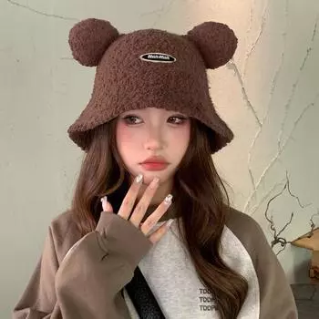 Новая шапка с милыми медвежьими ушками, плюшевая шапка-ведро, зимняя универсальная теплая шапка-ведро average size