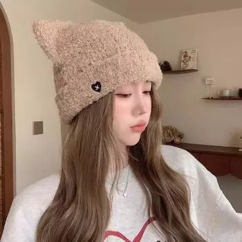 Новая шапка Y2k с кошачьими ушками, теплая плюшевая вязаная шапка с защитой ушей, мягкая теплая шапка с вышивкой «Любовь», осень и зима
