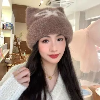 Новая шапка женская бант кошачьи ушки вязаная пушистая шапка зимняя теплая шерстяная защитная шапка One Size
