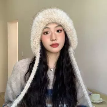 Новая шапка женская, цветная, длинная, веревочная, плюшевая шапка женская, зимняя, теплая, для защиты ушей, вязаная шерстяная шапка One Size