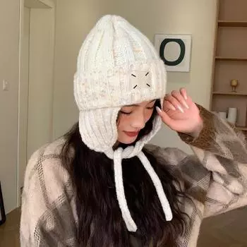 Новая шапка женская цветная ткань этикетка вязаная шерстяная шапка зимняя теплая холодная ветрозащитная шапка ухо толстая One Size