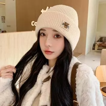 Новая шапка женская милая вязаная шерстяная шапка с медведем однотонная универсальная зимняя термошапка Tide One Size