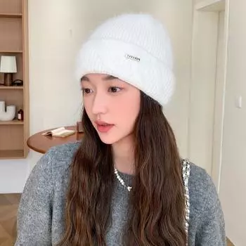 Новая шапка женская однотонная универсальная вязаная шерстяная шапка из меха кролика зимняя теплая большая окружность головы пуловер шапка One Size
