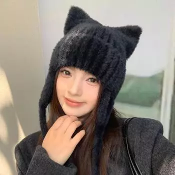 Новая шапка женская однотонная вязаная шерстяная шапка с милыми кошачьими ушками зимняя теплая шапка с ушками One Size