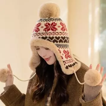 Новая шапка женская плюшевая меховая вязаная шерстяная шапка в этническом стиле зимняя теплая северо-восточная холодная шапка с ушками average size