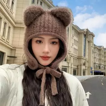 Новая шапка женская забавная ушка однотонная вязаная шерстяная шапка зимняя теплая плюшевая защитная шапка толстая average size