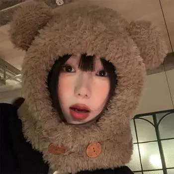 Новая шапка женская зимняя милая шапка-балаклава с медведем теплая шарф интегрированная вязаная плюшевая шапка корейская коричневый