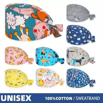 Новая шапочка-скраб с мультяшным принтом животных, аксессуары для медсестер, медицинский салон красоты, зоомагазин, ветеринарная стоматологическая рабочая шапка, хлопковые женские хирургические шапочки для кормления One Size