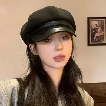 Новая шерстяная черная шляпа женская осенне-зимняя универсальная шляпа с маленьким восьмиугольным лицом в стиле ретро, шляпа художника, повседневная шляпа газетчика M(56-58cm) чёрный