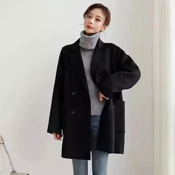Новая шерстяная куртка из кашемира на осень и зиму, воротник костюмный, маленькая, средняя и длинная шерстяная куртка, черного цвета. S 80-50 kg чёрный