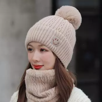 Новая шерстяная вязаная шапка, женская осенне-зимняя модная универсальная утолщенная теплая шапка с вышивкой, шерстяная шапка с улыбающимся лицом