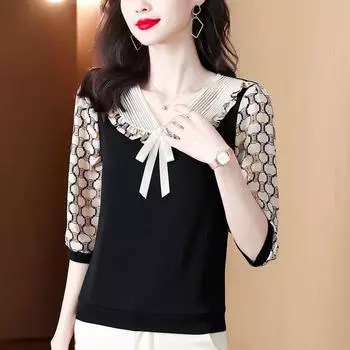 Новая шифоновая рубашка для мам, топ с рукавами 3/4, летняя модная женская блузка с v-образным вырезом и принтом, M-4XL L чёрный