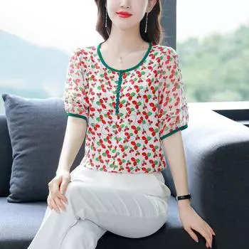 Новая шифоновая рубашка с цветочным принтом, женская рубашка с короткими рукавами и круглым воротником, свободный повседневный топ, женская одежда, женские Blusas XL чёрный