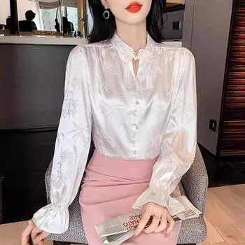 Новая шифоновая рубашка женская 2024 новая женская одежда большого размера дизайнерская рубашка ретро рубашка женская M (recommended within 55kg) белый
