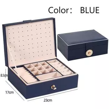 Новая шкатулка для драгоценностей, кожаная двухслойная шкатулка для хранения серег высокой емкости, кольцо, шкатулка для ювелирных изделий ручной работы синий