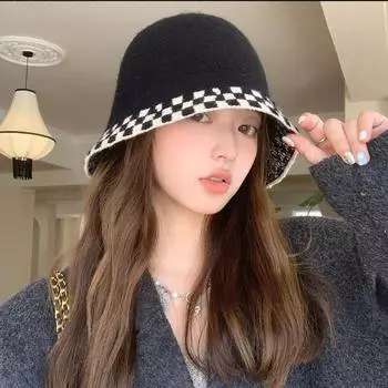 Новая шляпа женская модная вязаная шапка в шахматную клетку универсальная шерстяная шляпа-ведро шляпа для шоу-умывальника average size