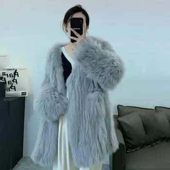 Новая шуба из лисьего меха, плетеная, длинная, широкая, повседневная, женская, высокого класса, пальто one size fits all темно-серого