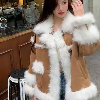 Новая шуба из лисьего плюша из эко-меха, женская зимняя стильная меховая блузка с меховым воротником и меховым топом S (recommended 80-55kg) хаки