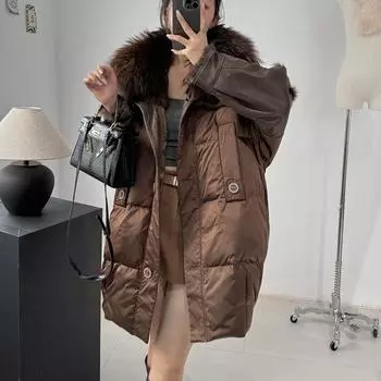 Новая шуба из натуральной шерсти с большим меховым воротником, пальто из меха кролика, мех интегрированный, длинный, тонкий, теплый, зимний one size fits all темно-коричневого