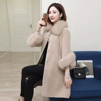 Новая шуба из овечьей шерсти, женская шуба из гранулированной овечьей шерсти, мех Haining, интегрированный воротник из лисы, зима XS слоновая кость