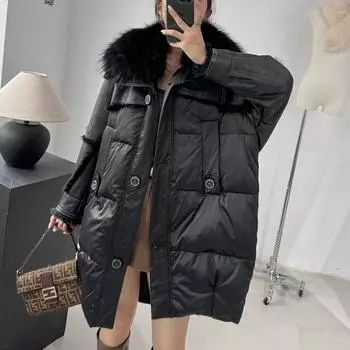 Новая шуба, натуральный мех, большой меховой воротник, шуба из кроличьего меха, универсальная, средней длины, тонкая и теплая зимой one size чёрный