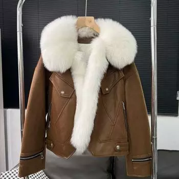 Новая шуба с подкладкой из гусиного пуха и мехом лисы, большой меховой воротник, шуба женская, легкая куртка-пуховик, большой меховой воротник one size fits all чёрный