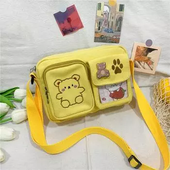 Новая симпатичная однотонная сумка через плечо в японском стиле с несколькими карманами, вышитая румяная сумка через плечо с изображением медведя из мультфильма, симпатичная холщовая сумка для девочек белый