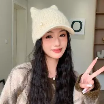 Новая симпатичная вязаная шапка с кошачьими ушками из кроличьей шерсти, зимняя теплая шерстяная шапка, утолщенная шапка с ушками для защиты от холода One Size