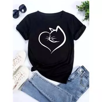 Новая симпатичная женская футболка с принтом Love Heart Cat 3D, повседневная летняя женская одежда, футболки с рисунками S