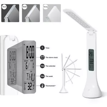 Новая складная светодиодная настольная лампа с регулируемой яркостью, сенсорная настольная лампа, будильник, календарь, настольный светильник, ночник с температурой Multifunction белый