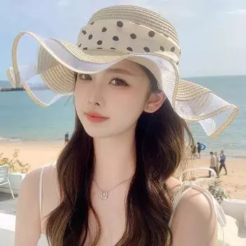 Новая соломенная шляпа от солнца в горошек с бантом и широкими полями, повседневные солнцезащитные шляпы с защитой от ультрафиолета, стильная дышащая складная пляжная шляпа для женщин
