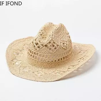 Новая соломенная шляпа ручной работы из натурального папара для женщин, модная ковбойская шляпа в стиле вестерн, уличная пляжная кепка для путешествий 56cm