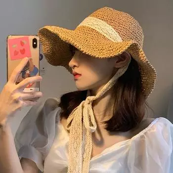 Новая соломенная шляпа с кружевным ремешком для девочки, летняя, маленькая, свежая, милая фея, соломенная шляпа-ведро, оттенок one size fits all хаки