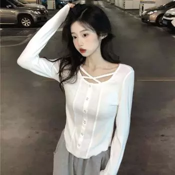 Новая сплошная цветная футболка с длинными рукавами, женская Harajuku, тонкий сексуальный топ в корейском стиле S чёрный