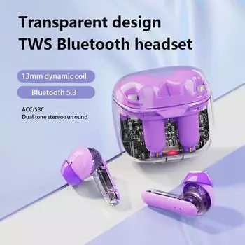Новая спортивная Bluetooth-гарнитура TWS Private Model с прозрачным корпусом фиолетовый