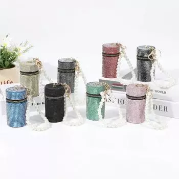 Новая стильная цилиндрическая сумка для помады со стразами для женщин, модный портативный кошелек на молнии, мини-милый кошелек для монет с брелоком